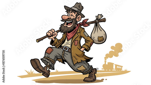 Funny cartoon hobo walking with stick and bag