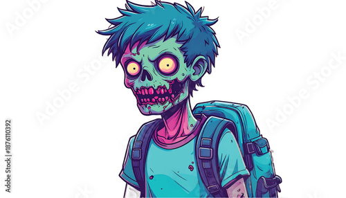 Zombie Student with Backpack - A Grotesque Cartoon Illustration.