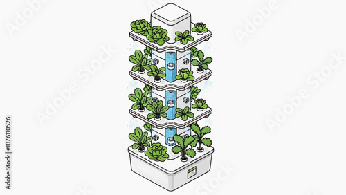 Vertical farming illustration showcasing multiple layers of plants and water system in a modern agricultural setup viewed from the side