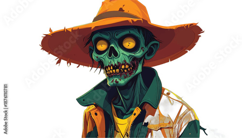 Zombie Scarecrow with Glowing Eyes and Tattered Hat Illustration.