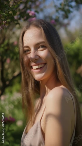 Young woman smiling outdoors in a garden with flowers