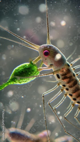 Microscopic view of a shrimp-like crustacean eating green algae in water with others around