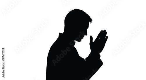 a man in silhouette with hands clasped in prayer or greeting