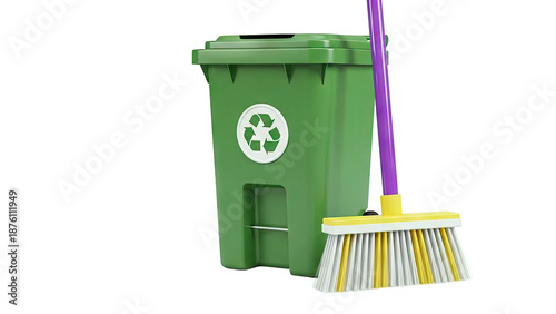 Green recycling bin and cleaning broom on white background