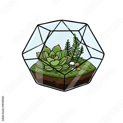 Modern vector illustration of a glass terrarium with small plants and moss inside, geometric shapes, clean flat design, trendy office decor style, isolated...ai