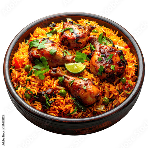 Gambian jollof rice known as benachin, a flavorful african dish, professionally photographed and isolated on a white background