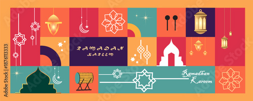 Ramadan poster with colorful patterns and silhouettes. Vector illustration.