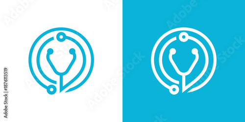 Dual meaning logo combining a stethoscope and technology elements, symbolizing digital healthcare, medical innovation, diagnostics, and smart health solutions.