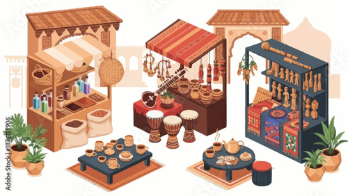Isometric 3D illustration of traditional Asian street food market stalls and vendors.