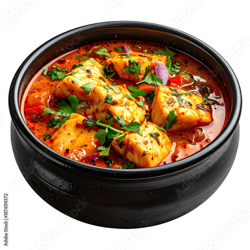 Kabkabou, a traditional tunisian fish and tomato stew, beautifully prepared and captured isolated on a white background