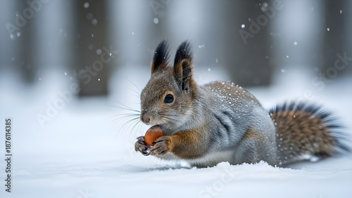 Cute squirrel running through snowy forest with nut in mouth during winter snowfall.