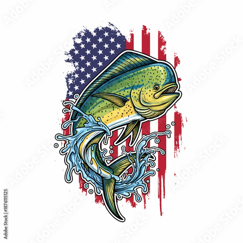 Mahi mahi dorado fish jumping with splash water and American flag background