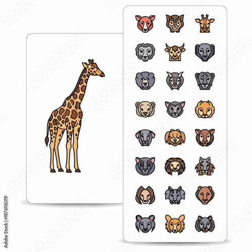 A white card featuring a full-body illustration of a giraffe next to another card displaying a grid of 24 diverse animal head icons.