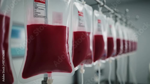 Blood donation bags hanging row medical storage hospital transfuse