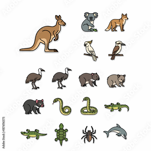 A collection of cartoon-style illustrations featuring various Australian wildlife including kangaroos, koalas, emus, wombats, and other native animals.