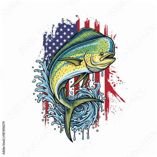 Mahi mahi dorado fish jumping with splash water and American flag background