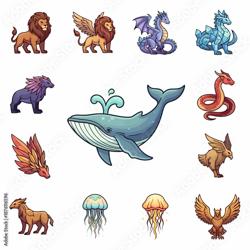 A collection of various cartoon-style creatures including whales, lions, dragons, griffins, and jellyfish, depicted on a white background.