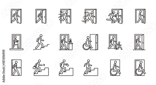Set of black and white line icons showing various human activities and interactions.