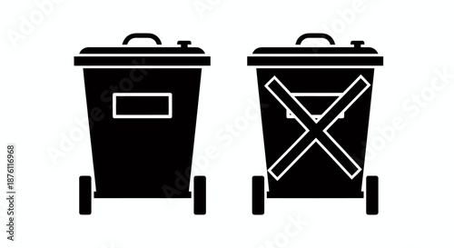 Black silhouette icons of two wheeled trash bins with lids and crossed lines.