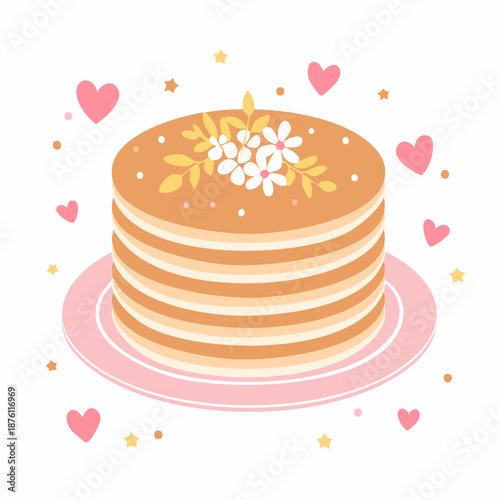 Illustration of Pancake Stack with Flowers and Heart Decorations