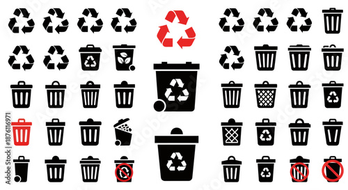 Collection of various black and red recycling and trash bin icons in different styles.