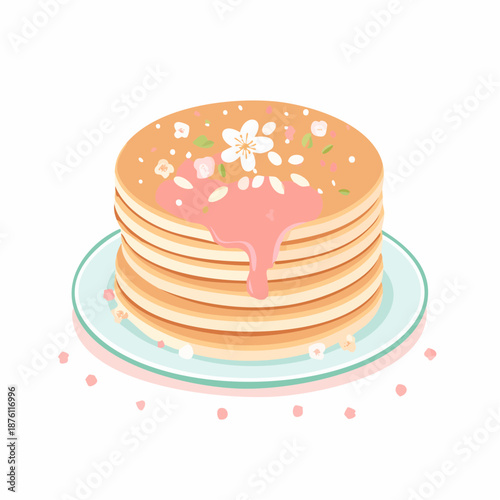 Aesthetic Illustration of Pancake Stack with Pink Strawberry Glaze and Floral Garnish