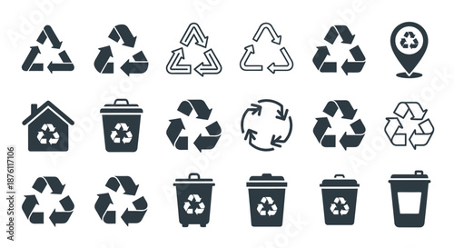 Collection of various black and white recycling and waste management icons.