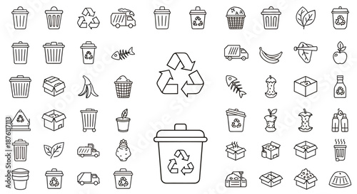 Set of various black and white recycling and waste management icons.