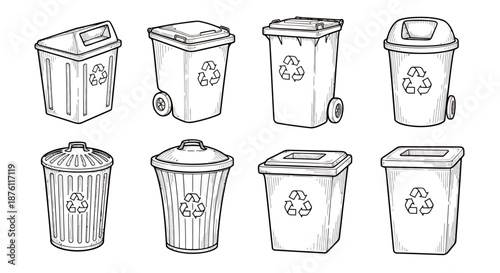 Hand-drawn black and white recycling and trash bins collection.