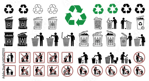 Comprehensive set of recycling and waste disposal icons with various symbols and instructions.