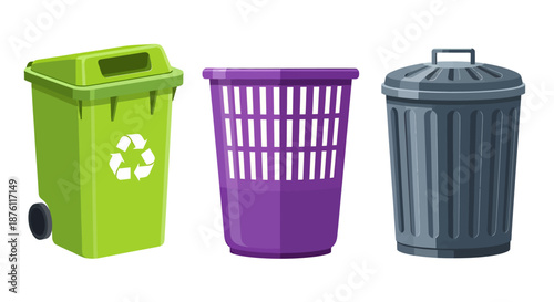 Three different types of waste bins including recycling, laundry, and trash containers.
