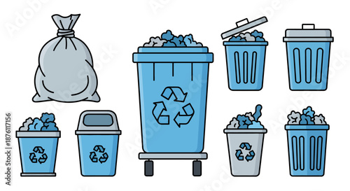 Illustration of various types of trash bins and garbage bags for waste disposal and recycling.