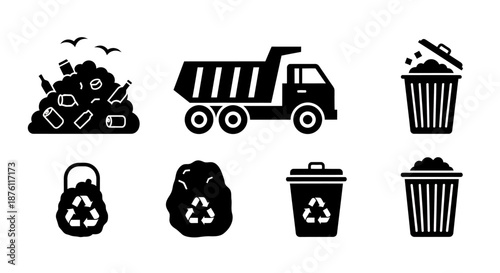 Set of black icons representing waste management and recycling concepts.