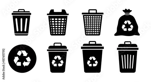 Set of black and white trash and recycling bin icons with different styles and symbols.