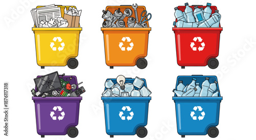 Colorful recycling bins filled with various types of waste for environmental sustainability.