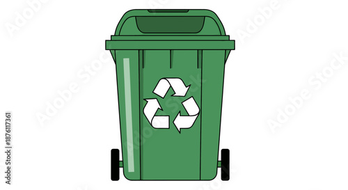 Green recycling bin with wheels and recycling symbol on front.