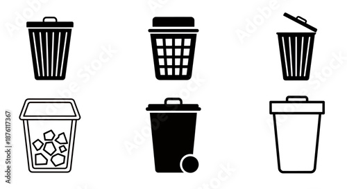 Set of six black and white trash bin icons with different designs and styles.