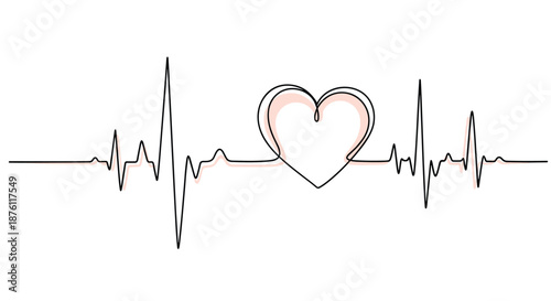 Continuous single-line drawing of a heartbeat cardiogram that seamlessly forms a heart shape, representing love, life, and good health.