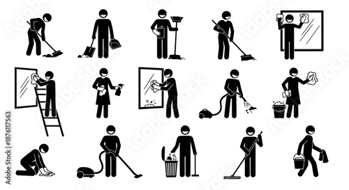 Set of black silhouette icons showing various cleaning activities and janitorial tasks.