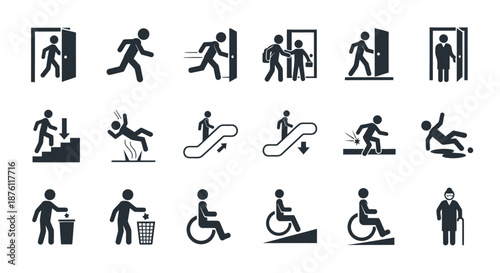 Set of black stick figure icons depicting various human activities and accessibility symbols.