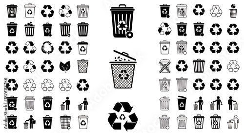 Collection of various black and white trash bin and recycling icons in different styles.