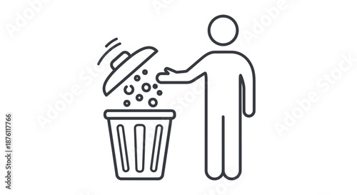 Simple line icon of person throwing trash into a bin for waste disposal.