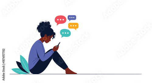 A young black woman sits on the floor, deeply engaged with her smartphone, with colorful chat bubbles floating above her head.