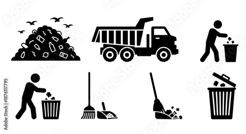 Black silhouette icons representing waste disposal and cleaning tools.