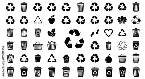 Collection of various black and white recycling and trash bin icons.