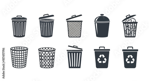 Set of various black and white trash bin icons with different designs and recycling symbols.