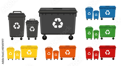 Colorful set of recycling bins for waste separation and environmental sustainability.