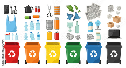 Colorful recycling bins and various waste items for proper waste segregation and environmental care.