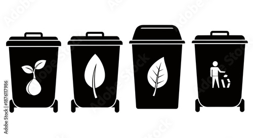 Black and white icons of different types of waste bins for recycling and trash disposal.