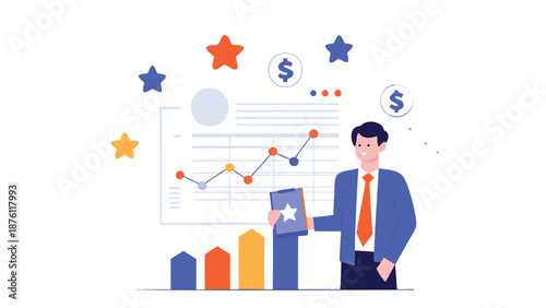 Businessman presenting successful financial data on tablet in modern office setting